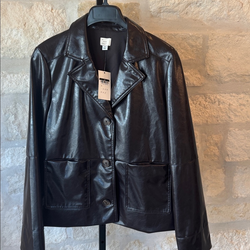 A New day Shiny Women Black Leather Jacket